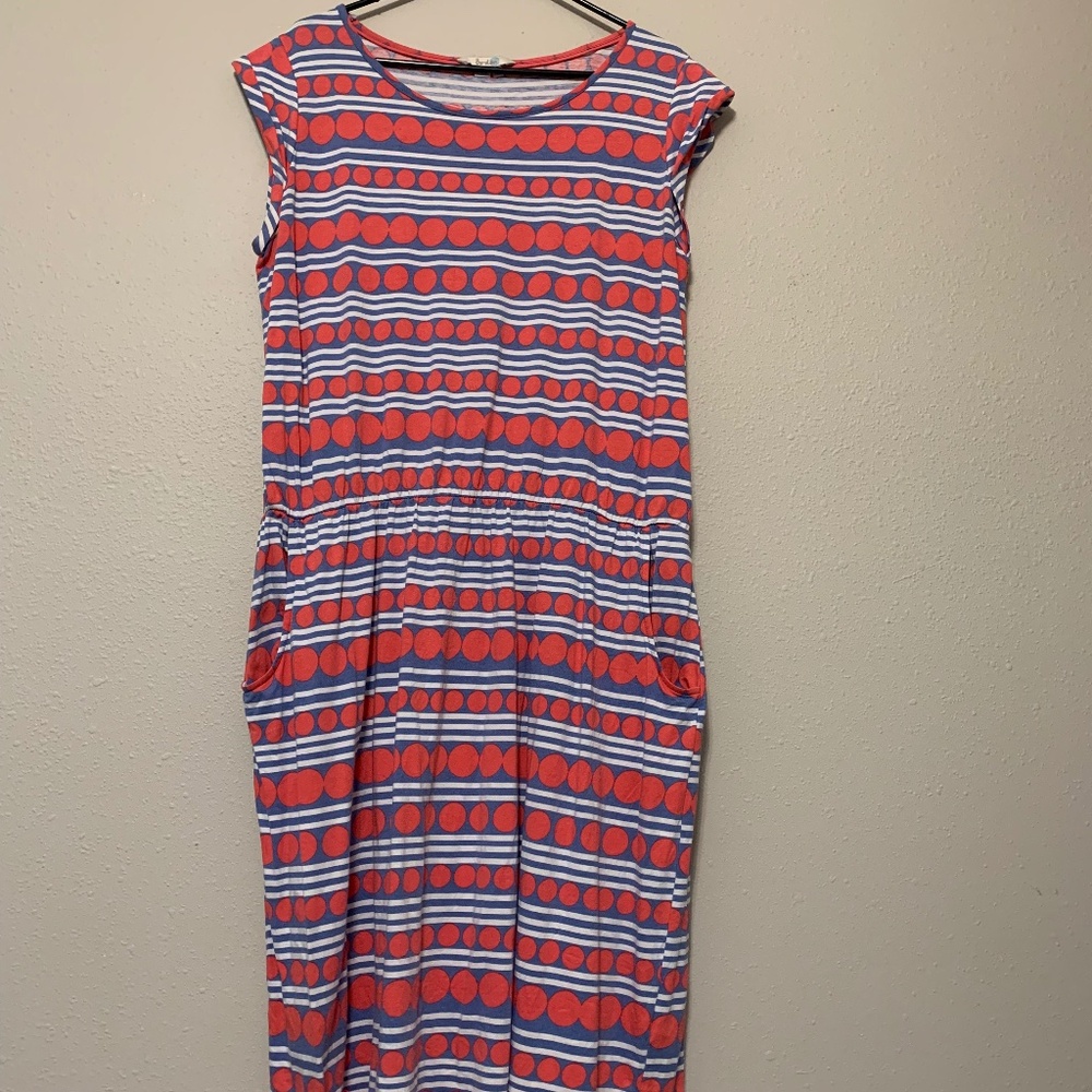 Boden Casual Dress Women Size 14L Stripe Dot Blue Coral Sleeveless with pockets